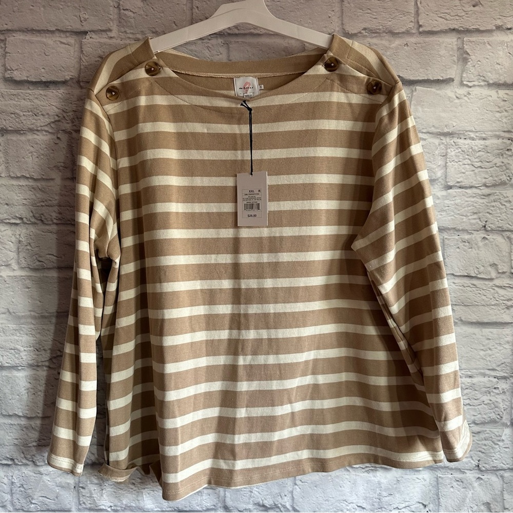 NEW WITH TAGS THE NINES BY HATCH TAN AND WHITE BUTTON SHOULDER SHIRT XXL